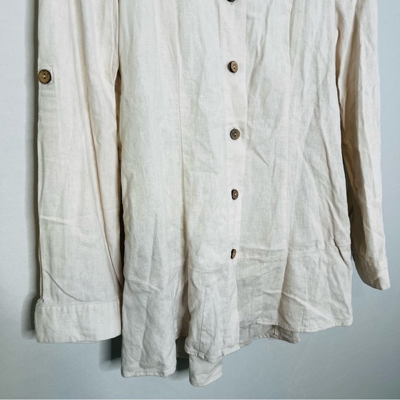 Simply Noelle Linen-Blend Roll-Tab Sleeve Lace Shoulder Button Shirt Size Medium - Picture 7 of 15